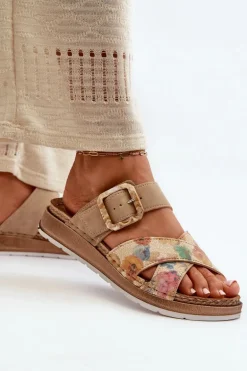 Wygodne Klapki Damskie Z Klamrą W Kwiaty Inblu GS000051 Brązowe