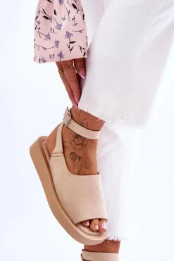 Wygodne Sandały Damskie Na Platformie Beżowe Rubie