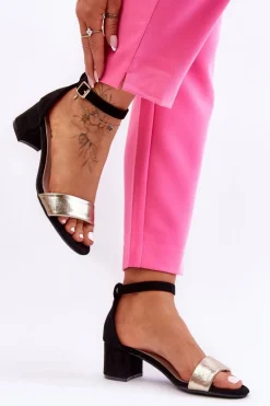 Wygodne Sandały Na Niskim Obcasie Czarno-Złote Layna