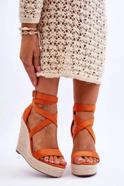 Wygodne Sandały Na Wysokim Koturnie Pomarańczowe Lemira