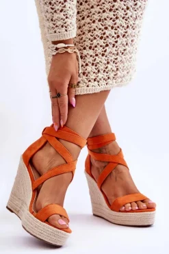 Wygodne Sandały Na Wysokim Koturnie Pomarańczowe Lemira