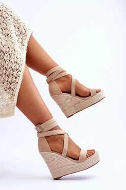 Wygodne Sandały Na Wysokim Koturnie Beżowe Lemira