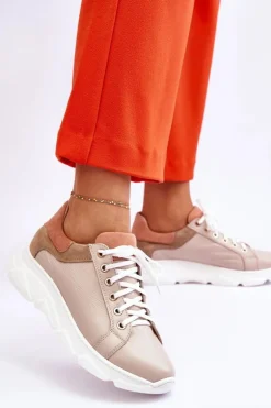 Wygodne Skórzane Buty Sportowe Na Platformie Beżowe Alisane