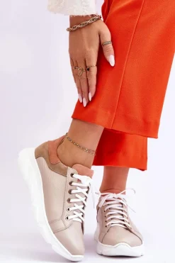 Wygodne Skórzane Buty Sportowe Na Platformie Beżowe Alisane