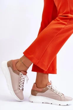 Wygodne Skórzane Buty Sportowe Na Platformie Beżowe Alisane