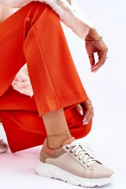 Wygodne Skórzane Buty Sportowe Na Platformie Beżowe Alisane