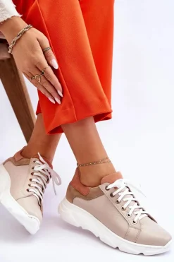 Wygodne Skórzane Buty Sportowe Na Platformie Beżowe Alisane