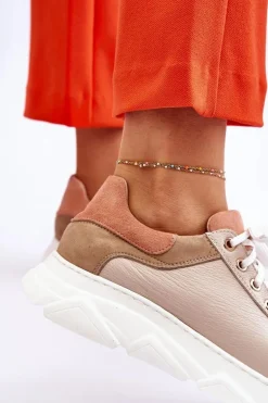 Wygodne Skórzane Buty Sportowe Na Platformie Beżowe Alisane