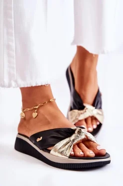 Wygodne Skórzane Damskie Klapki Czarno-Złote Neyla