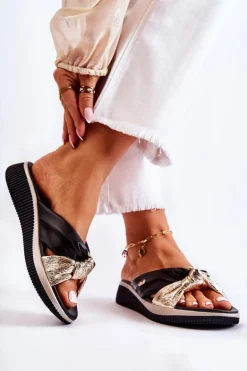 Wygodne Skórzane Damskie Klapki Czarno-Złote Neyla