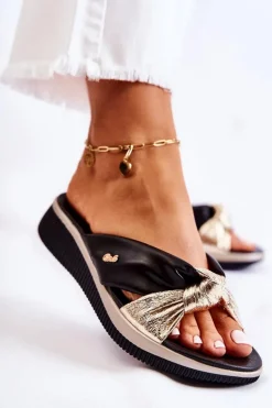 Wygodne Skórzane Damskie Klapki Czarno-Złote Neyla