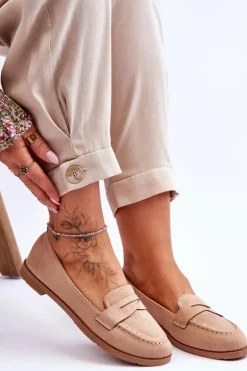 Wygodne Zamszowe Damskie Mokasyny Ciemnobeżowe Lucca