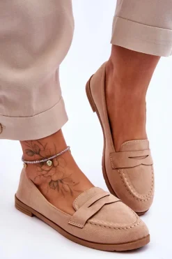 Wygodne Zamszowe Damskie Mokasyny Ciemnobeżowe Lucca