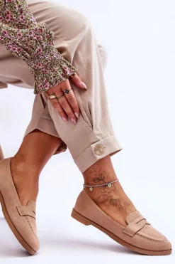 Wygodne Zamszowe Damskie Mokasyny Ciemnobeżowe Lucca