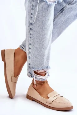 Wygodne Zamszowe Damskie Mokasyny Beżowe Lucca