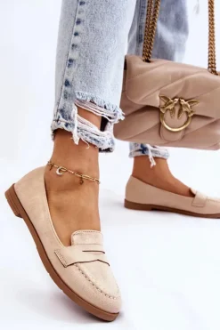 Wygodne Zamszowe Damskie Mokasyny Beżowe Lucca