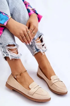 Wygodne Zamszowe Damskie Mokasyny Beżowe Lucca