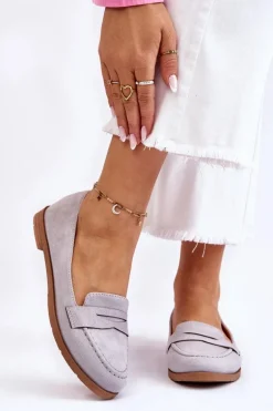 Wygodne Zamszowe Damskie Mokasyny Szare Lucca