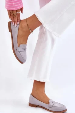 Wygodne Zamszowe Damskie Mokasyny Szare Lucca