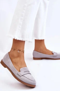 Wygodne Zamszowe Damskie Mokasyny Szare Lucca