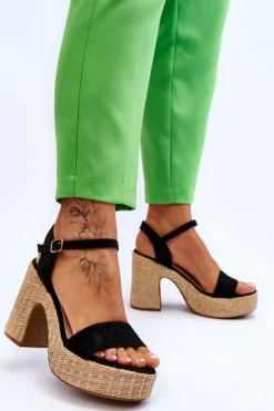 Wygodne Zamszowe Sandały Na Masywnym Słupku Czarne Elishia