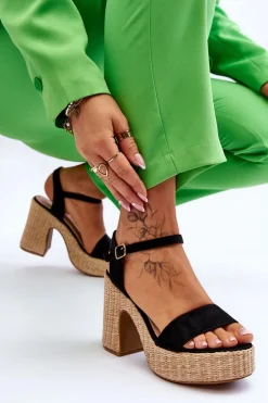 Wygodne Zamszowe Sandały Na Masywnym Słupku Czarne Elishia