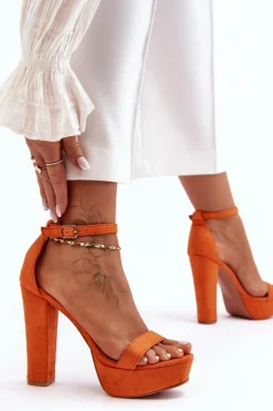 Wygodne Zamszowe Sandały Na Wysokim Słupku Pomarańczowe Essence