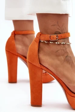 Wygodne Zamszowe Sandały Na Wysokim Słupku Pomarańczowe Essence