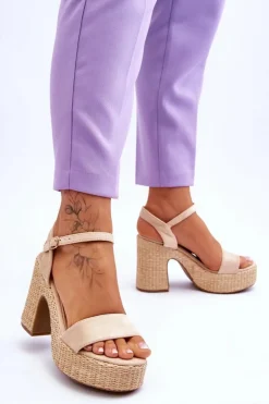 Wygodne Zamszowe Sandały Na Masywnym Słupku Beżowe Elishia
