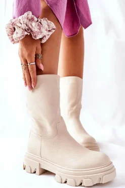 Wysokie Botki Na Traperze Beżowe Loren