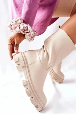 Wysokie Botki Na Traperze Beżowe Loren