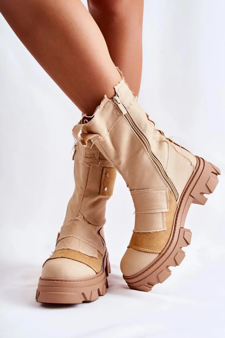 Wysokie Botki Workery Na Suwak Ciemnobeżowe Nerisa