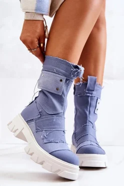 Wysokie Botki Workery Na Suwak Niebieskie Nerisa