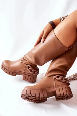 Wysokie Brązowe Kozaki z Łańcuchem Teardown