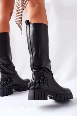 Wysokie Czarne Kozaki z Łańcuchem Teardown