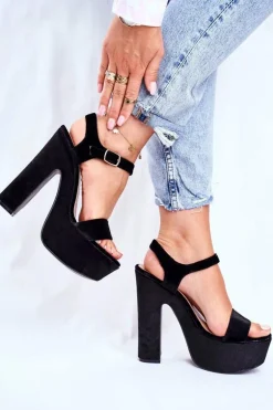 Wysokie Czarne Sandały na Słupku Platforma HighShoes
