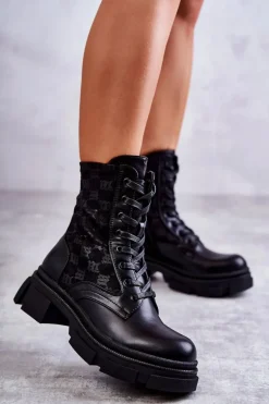 Wysokie Damskie Botki Wiązane Czarne Verlon