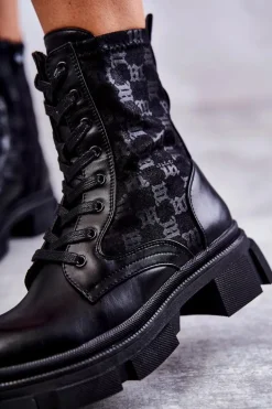 Wysokie Damskie Botki Wiązane Czarne Verlon