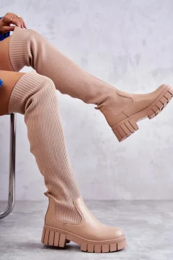 Wysokie Damskie Kozaki Za Kolano Beżowe Austin