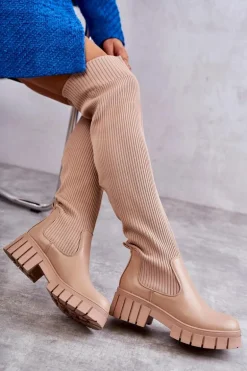Wysokie Damskie Kozaki Za Kolano Beżowe Austin