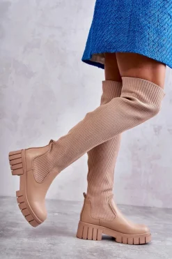 Wysokie Damskie Kozaki Za Kolano Beżowe Austin