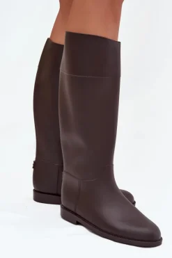 Wysokie Kalosze Damskie Na Płaskim Obcasie Czekoladowe Melianne