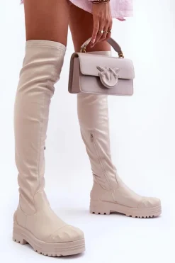 Wysokie Kozaki Na Suwak Beżowe Dudesa