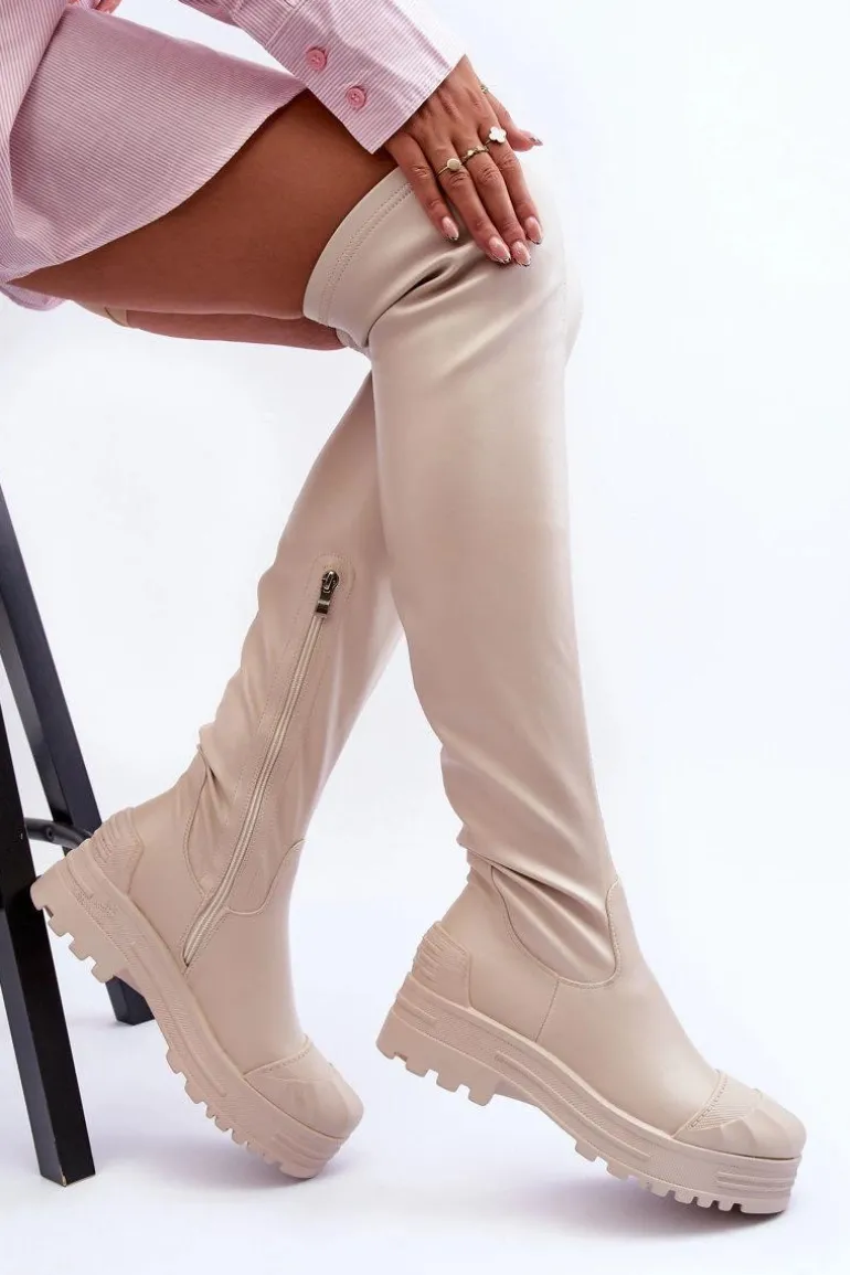 Wysokie Kozaki Na Suwak Beżowe Dudesa