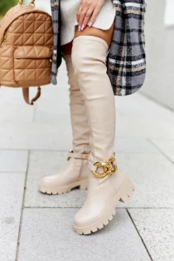 Wysokie Kozaki Z Ozdobnym Elementem Beżowe Masha