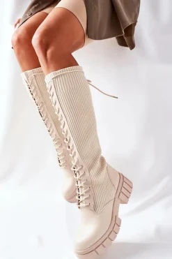 Wysokie Kozaki ze Skarpetą Beżowe Monteri