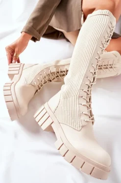 Wysokie Kozaki ze Skarpetą Beżowe Monteri