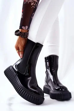 Wysokie Lakierowane Botki Na Platformie Czarne Sereia