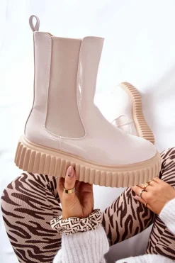 Wysokie Lakierowane Botki Na Platformie Beżowe Sereia