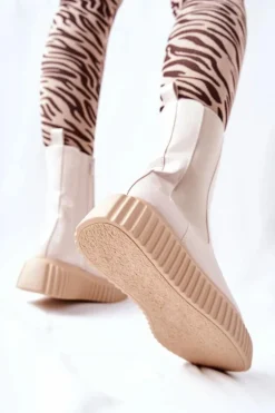 Wysokie Lakierowane Botki Na Platformie Beżowe Sereia